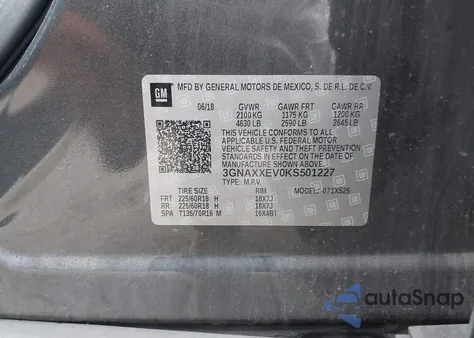 2019 Chevrolet Equinox Premier z USA, uszkodzony, nr VIN 3GNAXXEV0KS501227